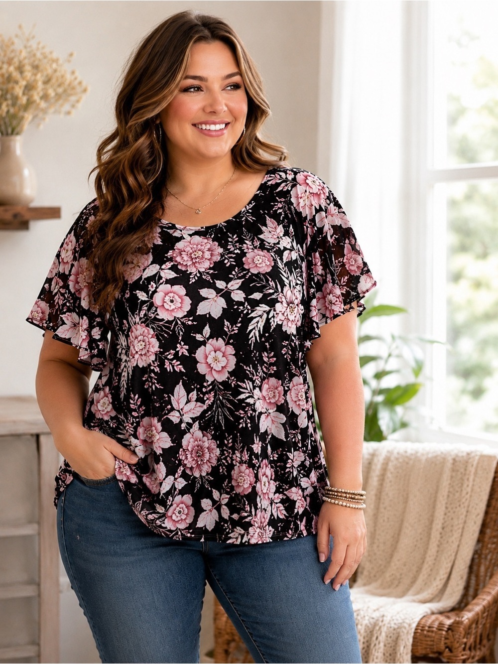 PerSeption Women Floral Flutter Sleeve Top 1X Black Pink Boho Blouse